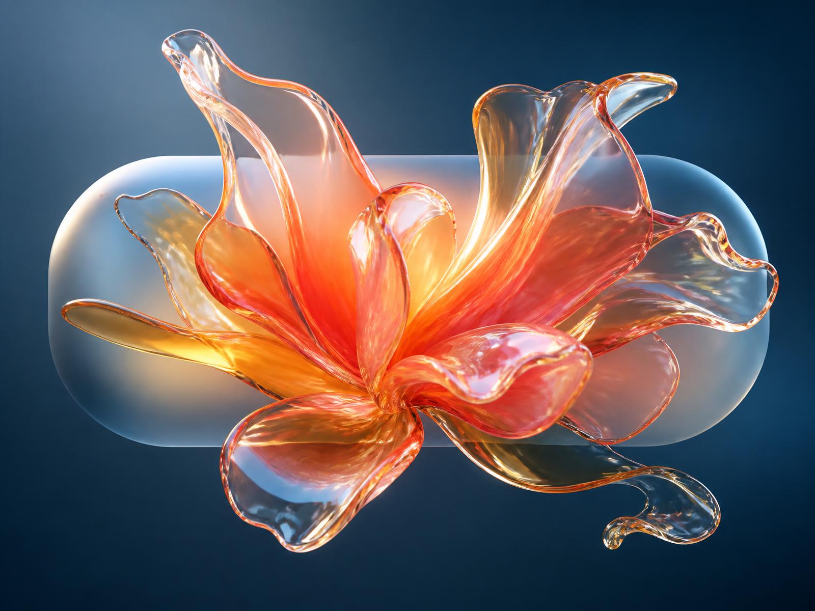 Liquid glass sculpture rendered in coral and blue
